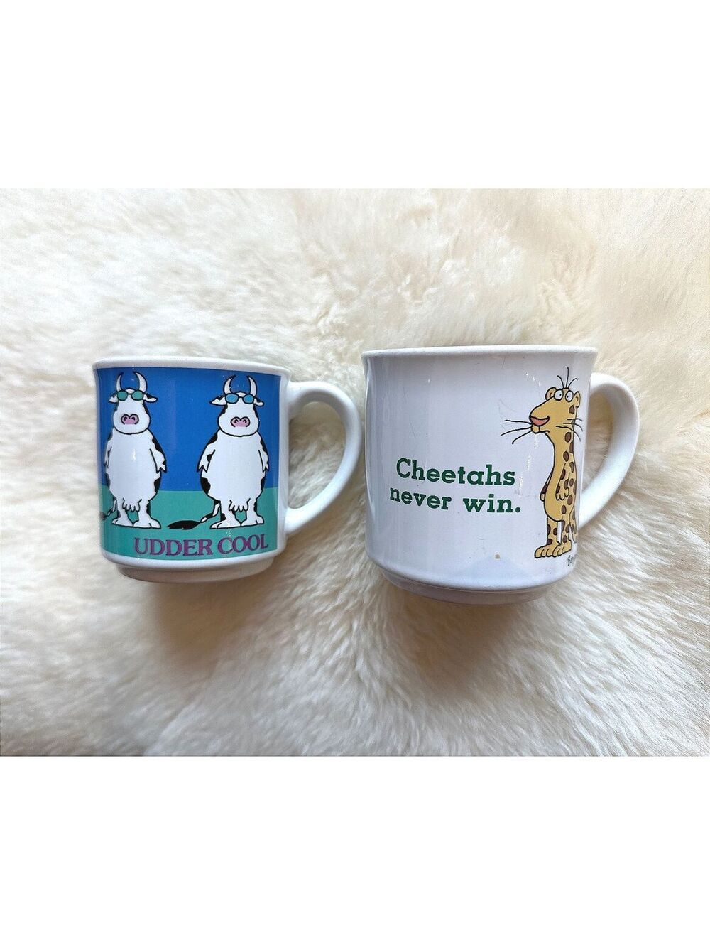 Sandra Boynton Mugs Udder Cool Cows + Cheetahs Never Win Coffee Cups 3.5x3.5